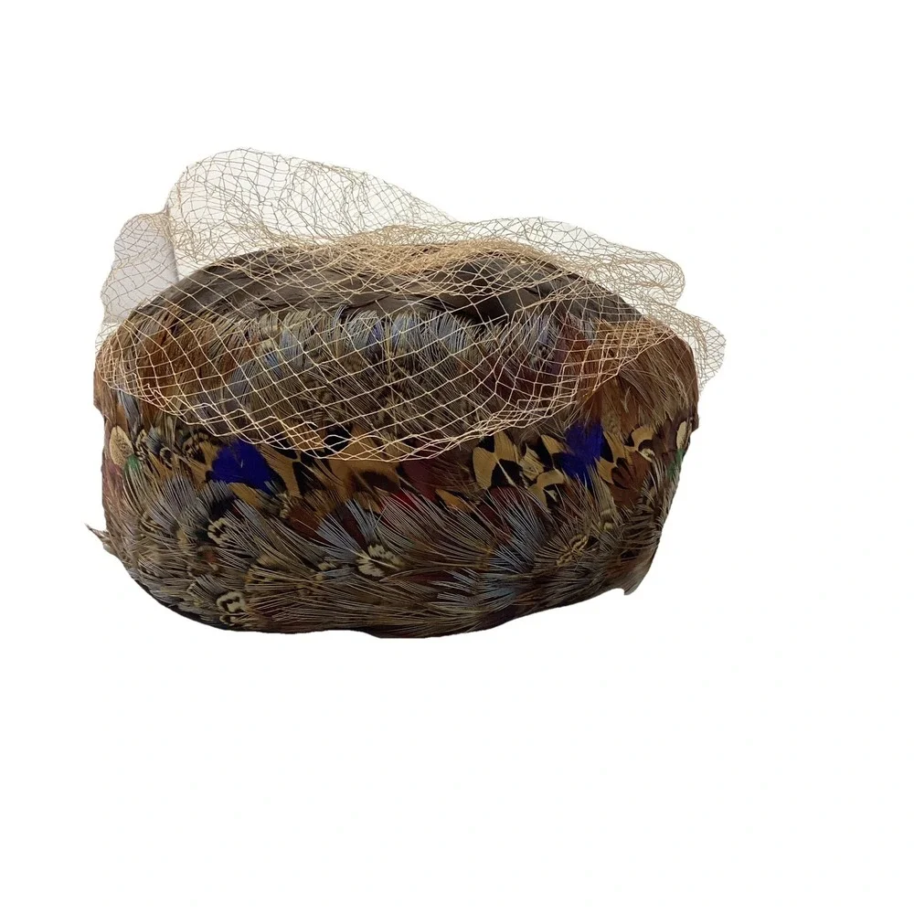 Vtg Henry Pollak NY Glenover 100% Wool Pillbox Hat Brown Net Veil All Feathers